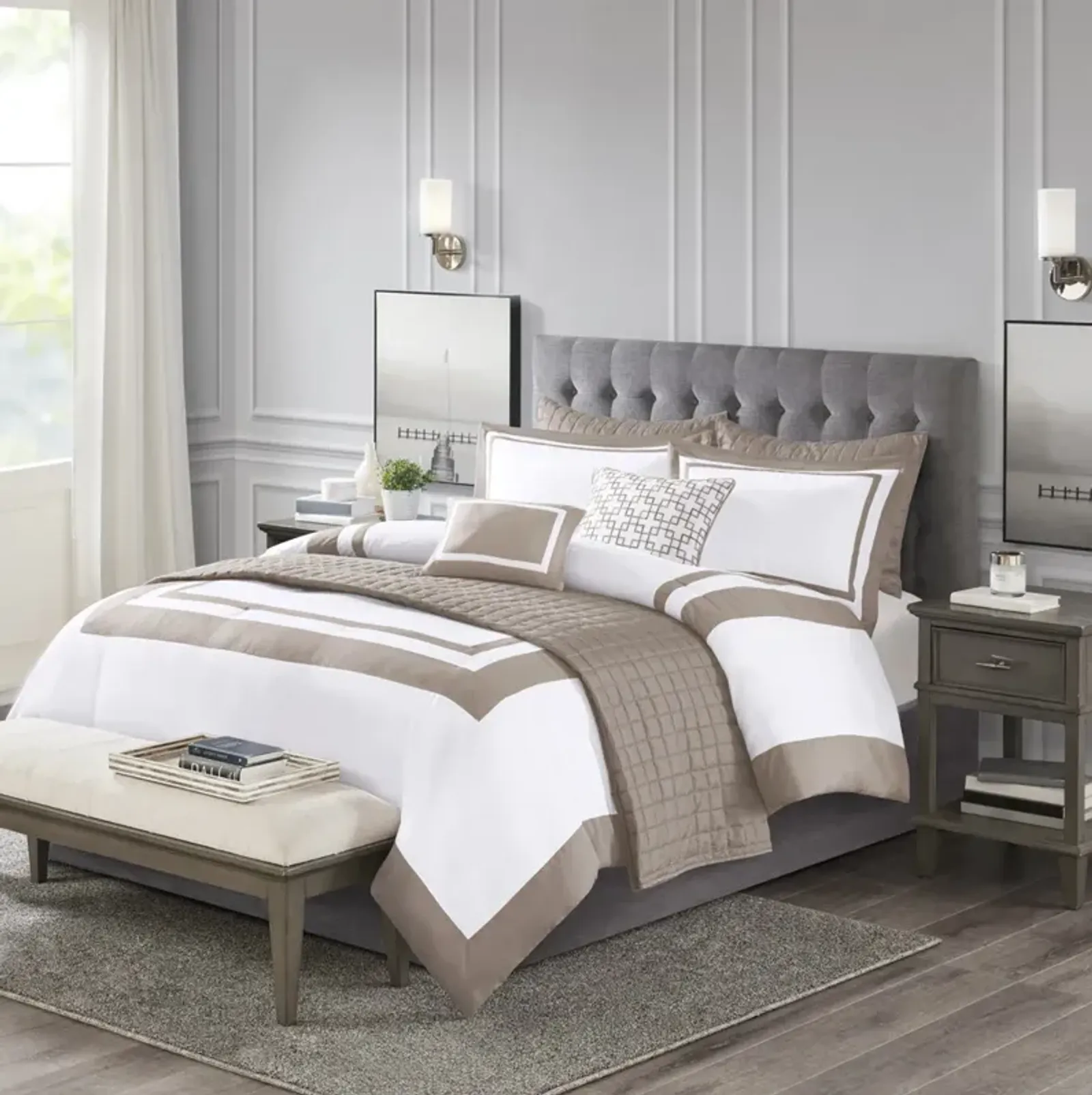 Madison Park Heritage Taupe 8 Piece Comforter and Quilt Set Collection