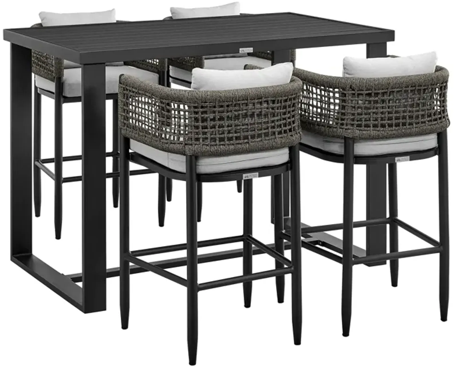 Alegria Outdoor Patio 5-Piece Bar Table Set in Aluminum with Grey Rope and Cushions