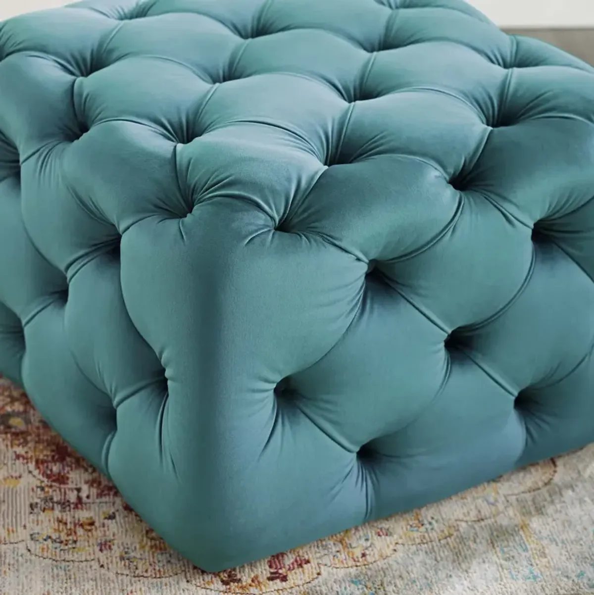 Amour Tufted Button Square Performance Velvet Ottoman