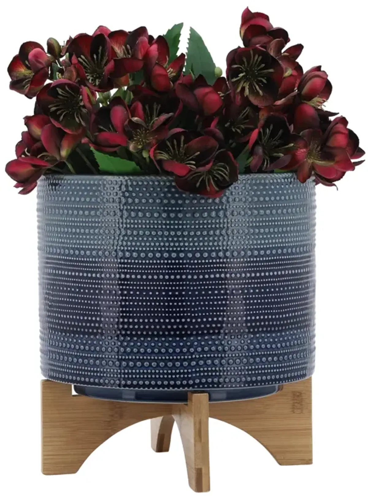 10" Dotted Planter W/ Wood Stand, Blue