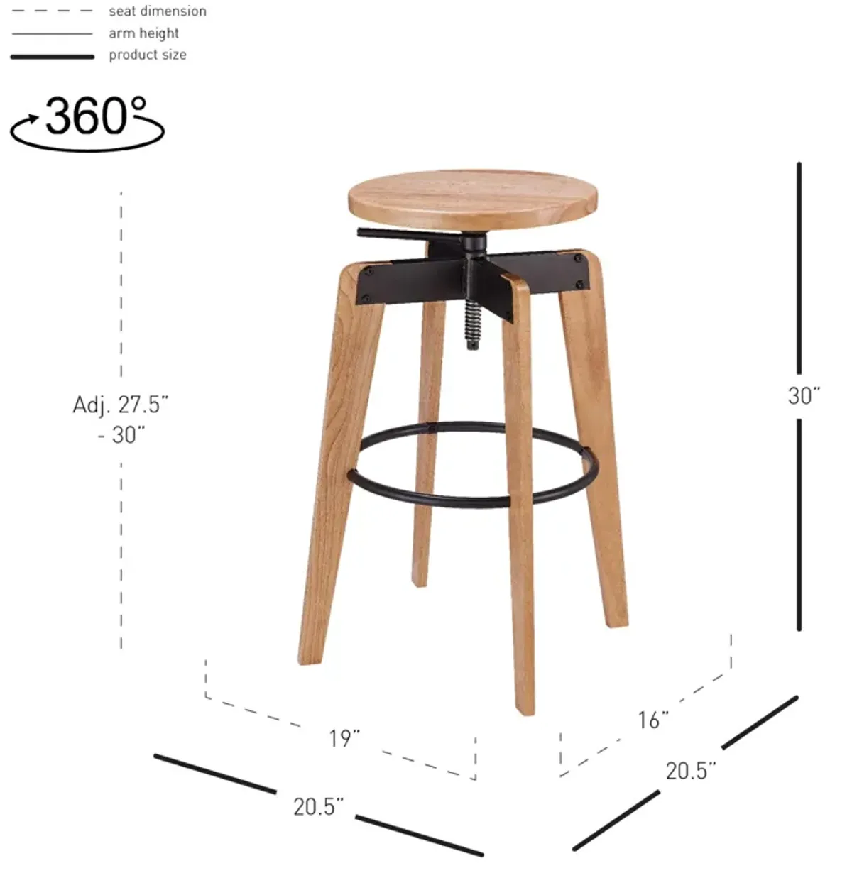 nelson kd adjustable stool, natural/ metallic gunmetal