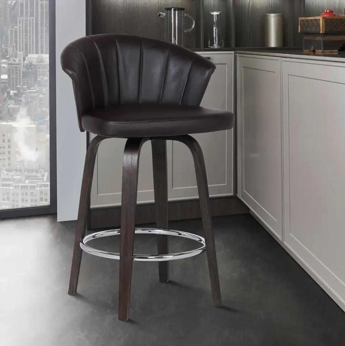 Ashley Wood Back 30" Swivel Brown Faux Leather Bar Stool