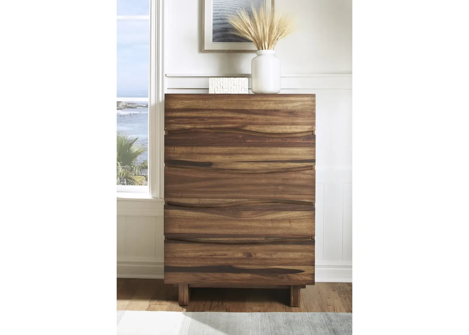 Ocean Five Drawer Solid Wood Chest in Natural Sengon (2024)