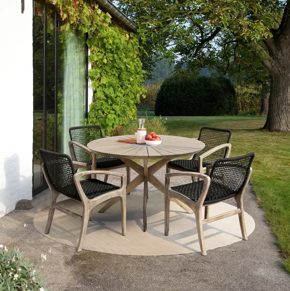 Sachi and Brighton 5 Piece Dining Set in Light Eucalyptus Wood with Charcoal Rope