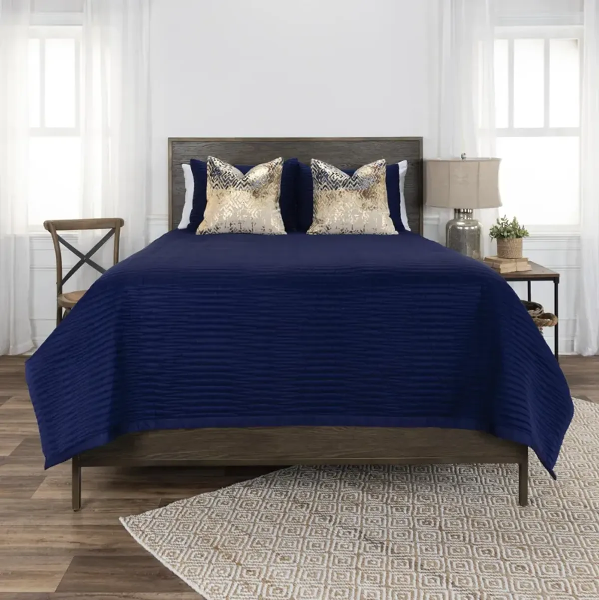 Parker- Indigo King Geometric Navy Quilt -  Set of 3