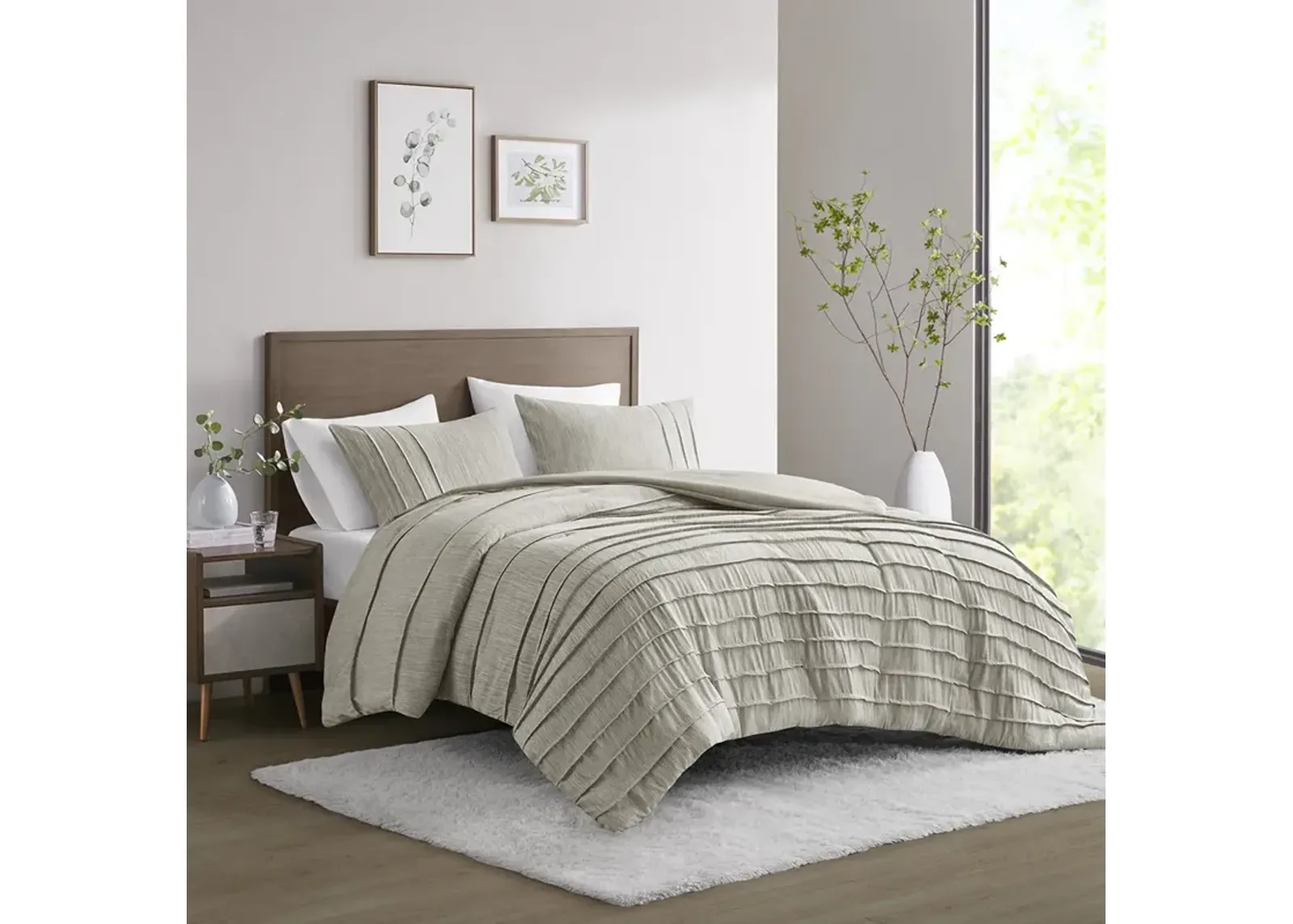 Beautyrest Maddox Natural 3 Piece Striated Cationic Dyed Oversized Duvet Cover Set with Pleats