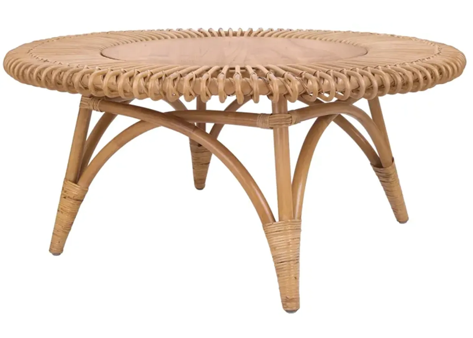 Alani Rattan Round Coffee Table w/ Wood Top, Honey 