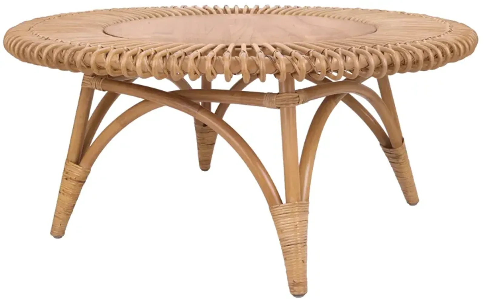 Alani Rattan Round Coffee Table w/ Wood Top, Honey 