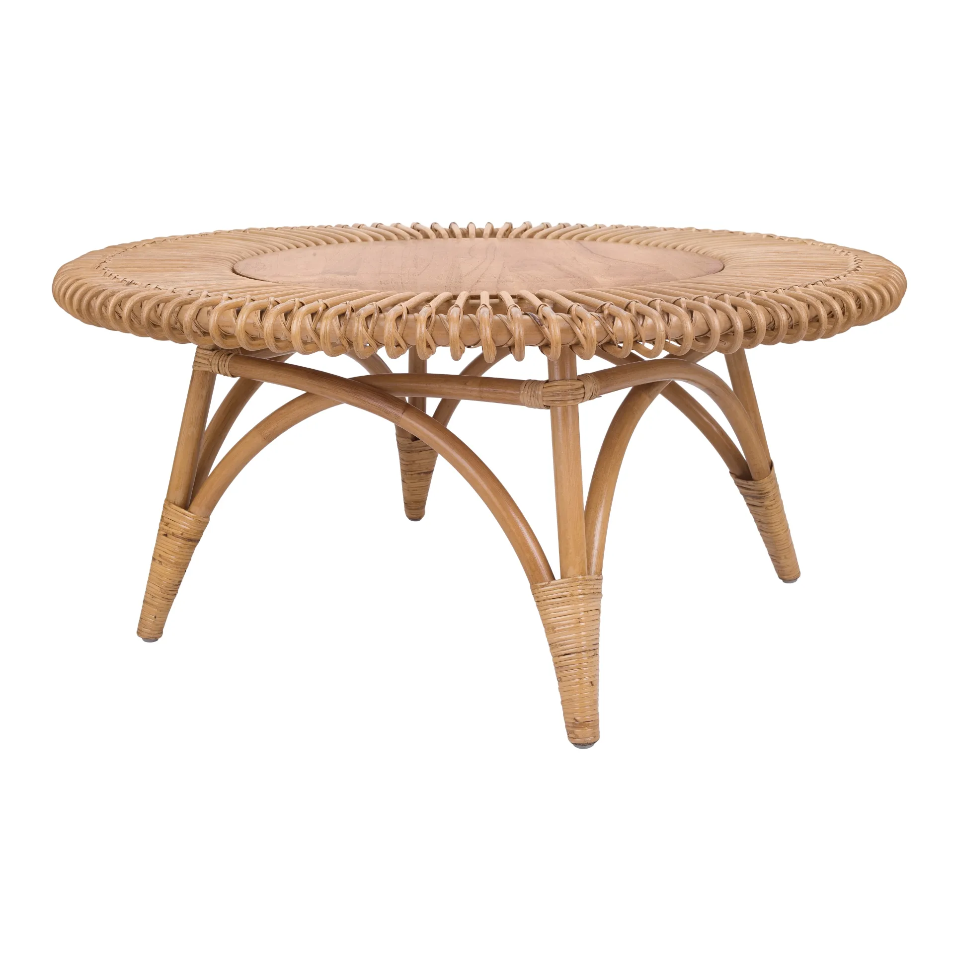 Alani Rattan Round Coffee Table w/ Wood Top, Honey 