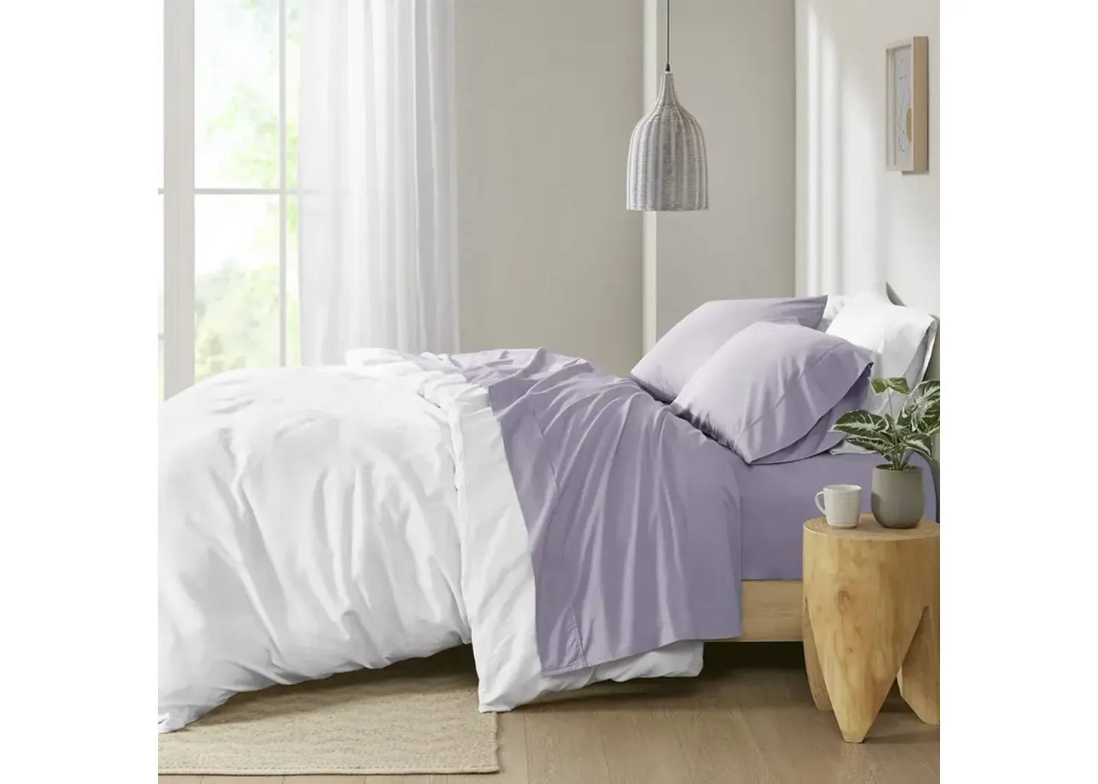 Madison Park Peached Percale Purple 200 Thread Count Relaxed Cotton Percale Sheet Set