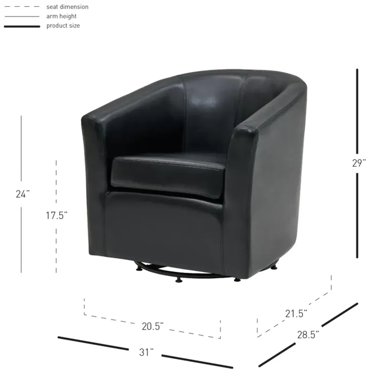 hayden swivel bonded leather accent arm chair, black