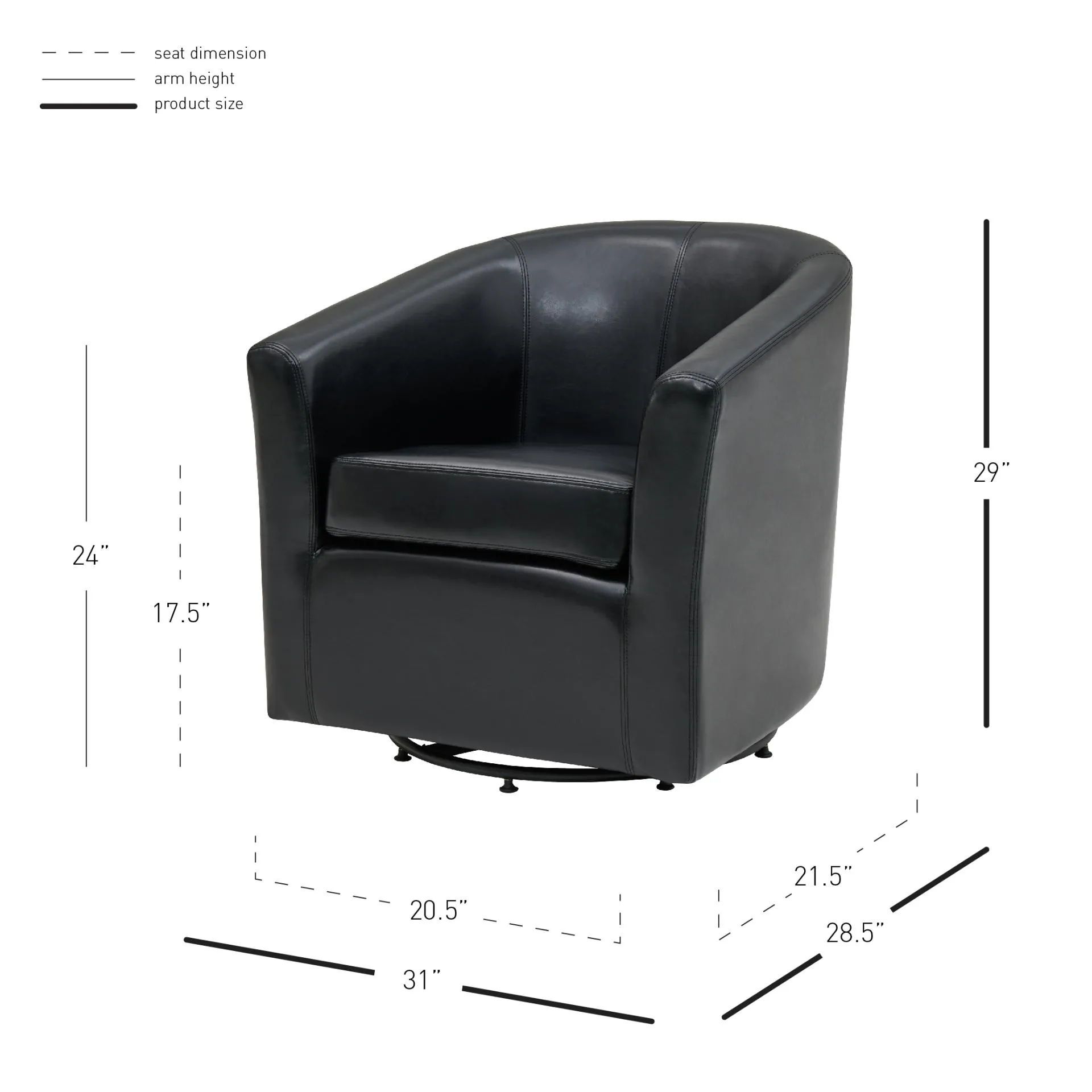 hayden swivel bonded leather accent arm chair, black