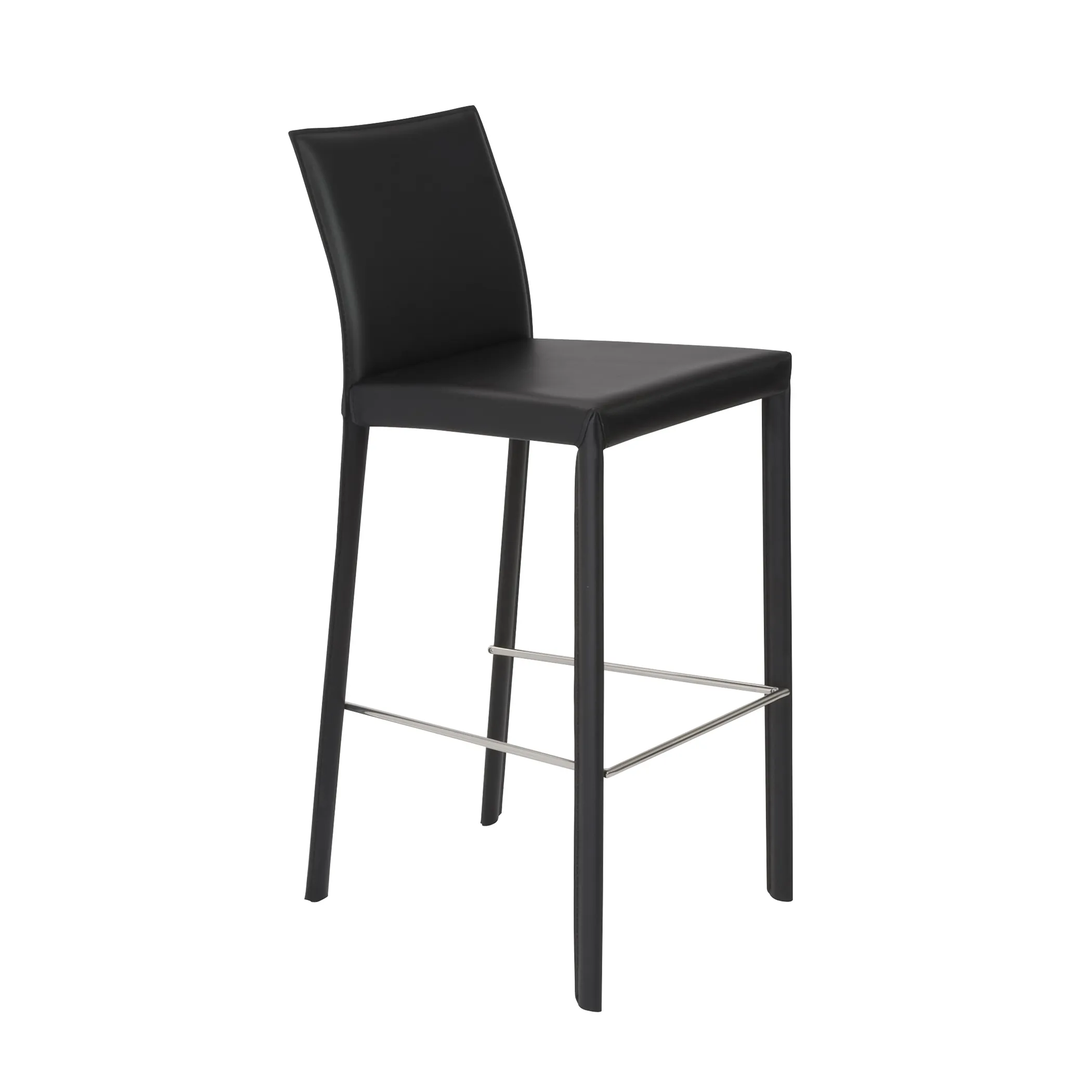 Hasina Bar Stool in Black with Polished Stainless Steel Legs  - Set of 2