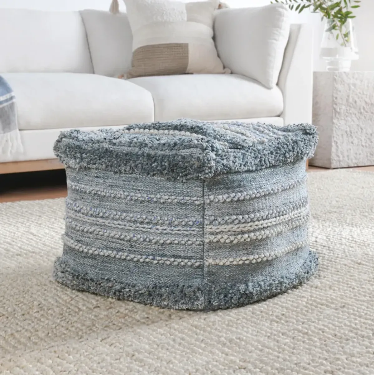 Elko 18" Blue Indoor Outdoor Pouf, Blue