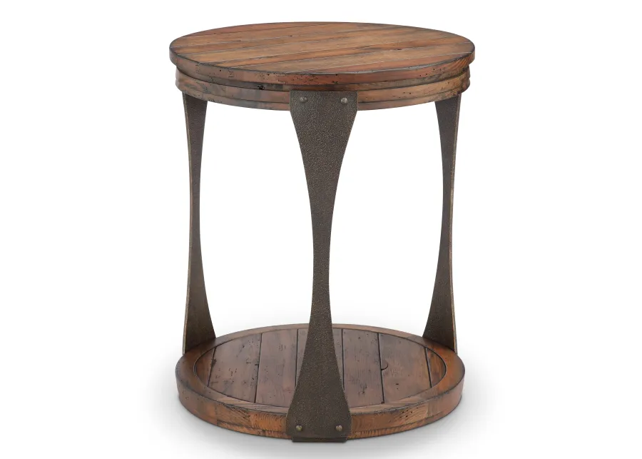 Montgomery Industrial Reclaimed Wood Round Accent Table in Bourbon Finish