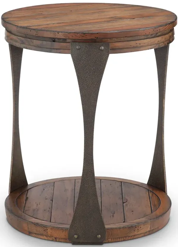 Montgomery Industrial Reclaimed Wood Round Accent Table in Bourbon Finish