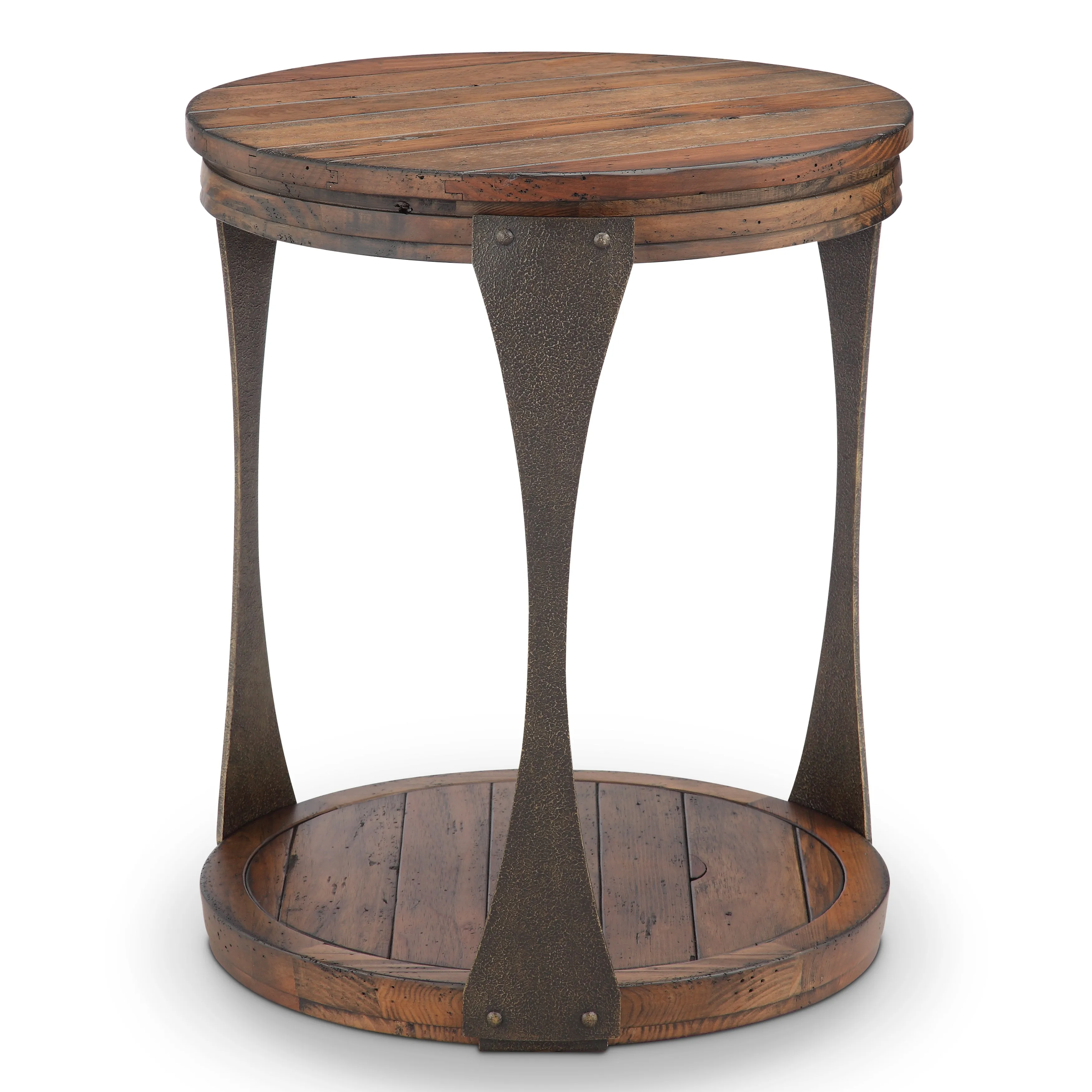 Montgomery Industrial Reclaimed Wood Round Accent Table in Bourbon Finish