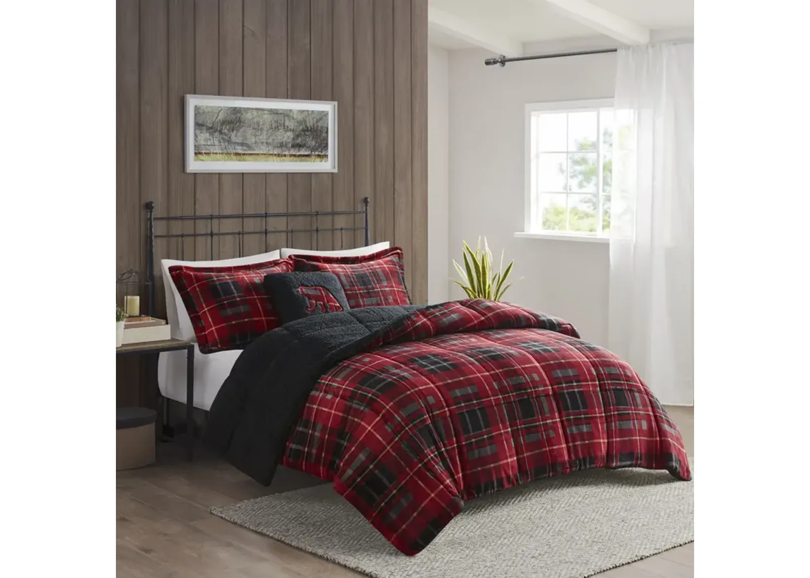 Woolrich Alton Red Plaid Plush to Sherpa Down Alternative Comforter Set