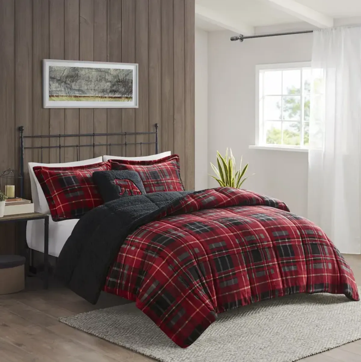 Woolrich Alton Red Plaid Plush to Sherpa Down Alternative Comforter Set