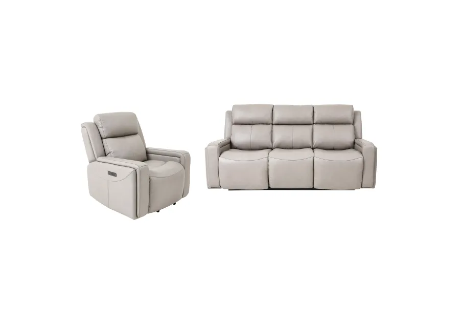 Claude Dual Power Headrest and Lumbar Support Reclining 2 Piece Sofa and Recliner Set in Light Gray Genuine Leather