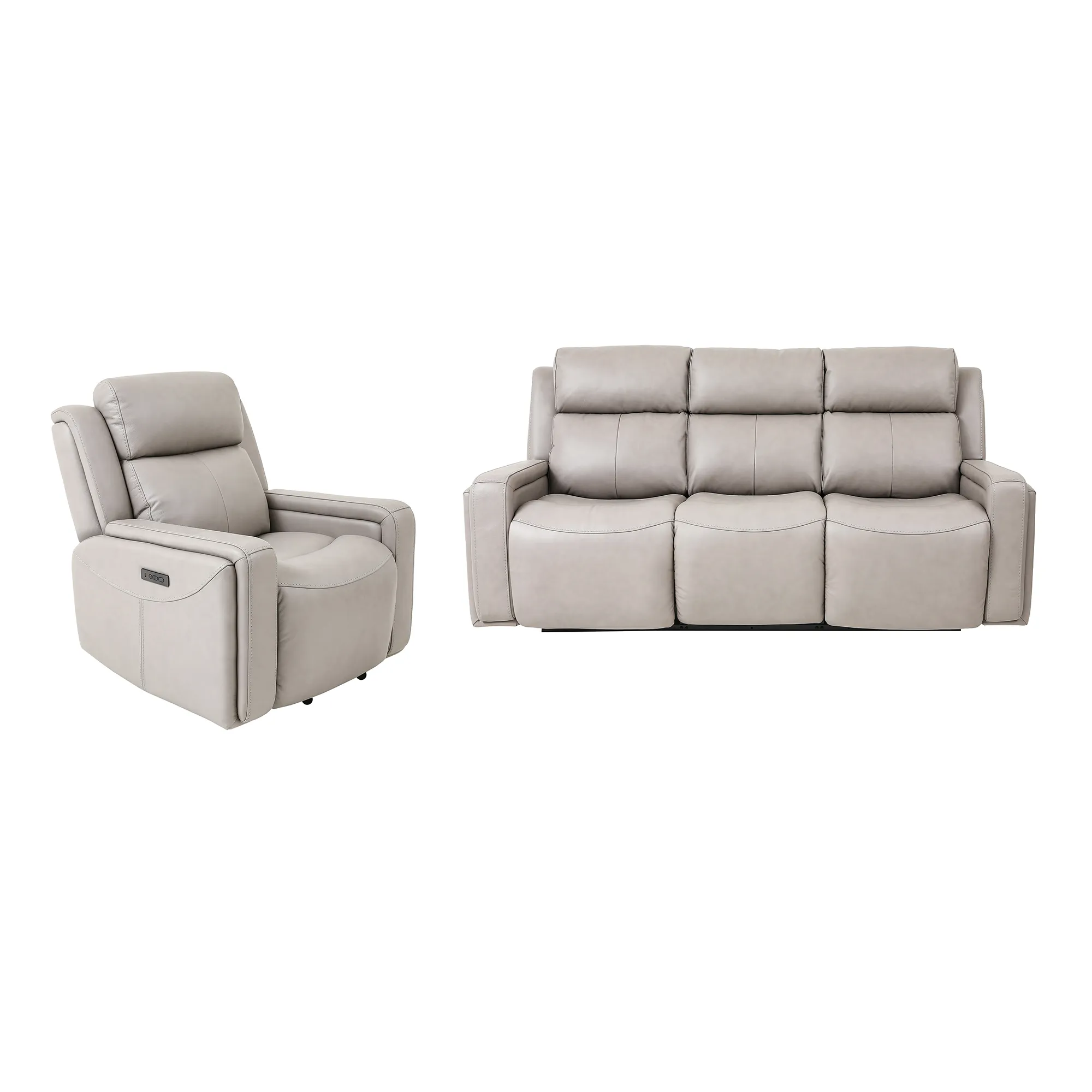 Claude Dual Power Headrest and Lumbar Support Reclining 2 Piece Sofa and Recliner Set in Light Gray Genuine Leather