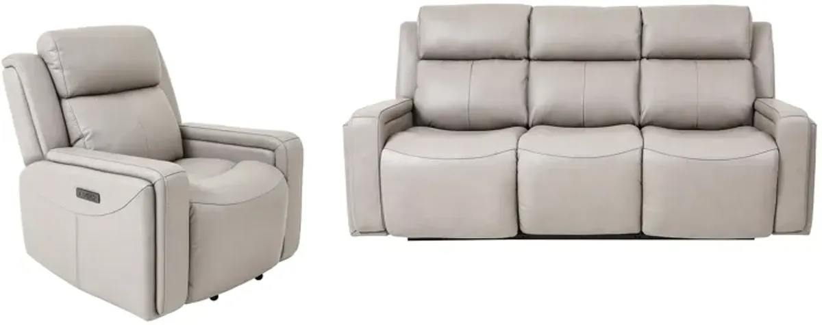 Claude Dual Power Headrest and Lumbar Support Reclining 2 Piece Sofa and Recliner Set in Light Gray Genuine Leather