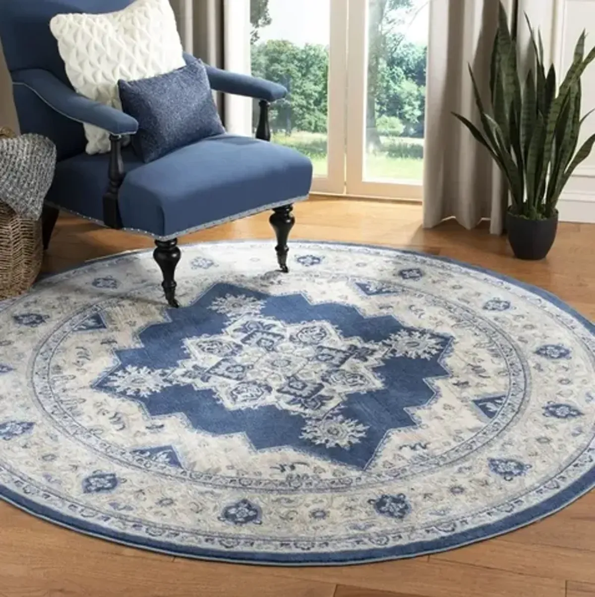 Brentwood 865 Navy / Creme 5' X 5' Round Round Powerloomed Rug