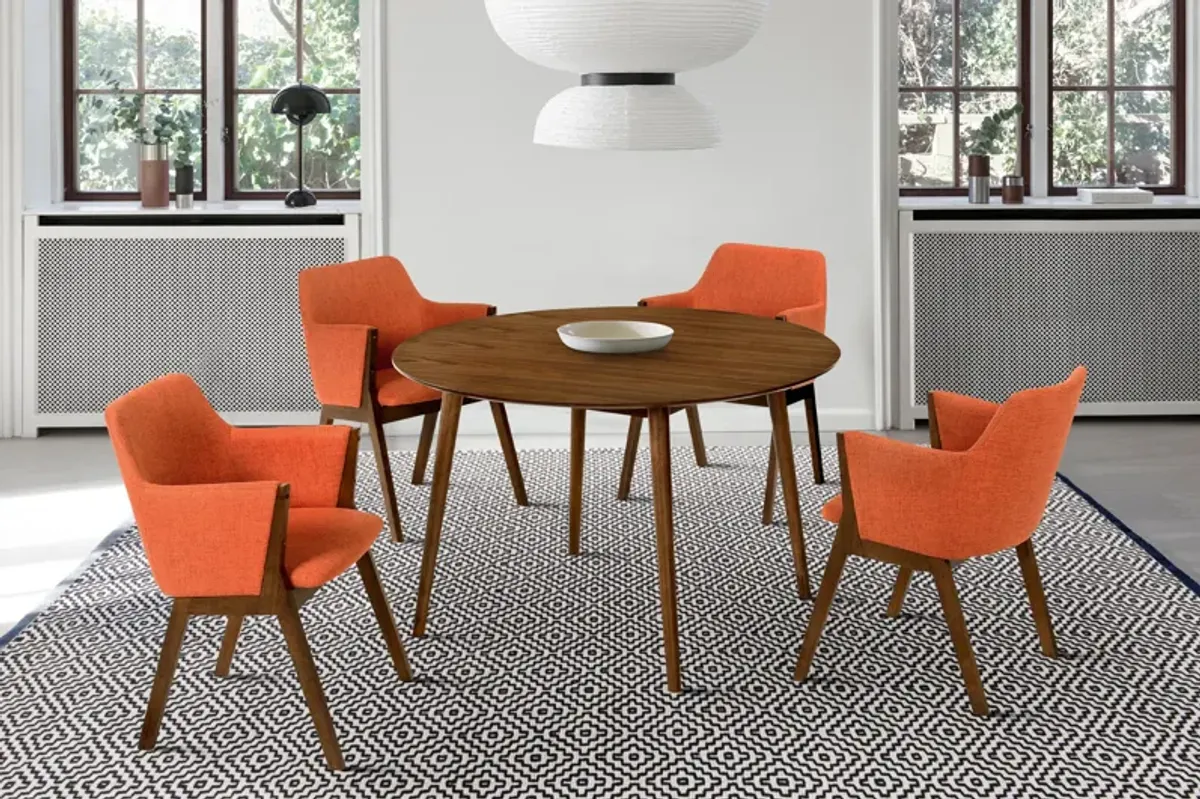 Arcadia and Renzo 48" Round Orange and Walnut Wood 5 Piece Dining Set