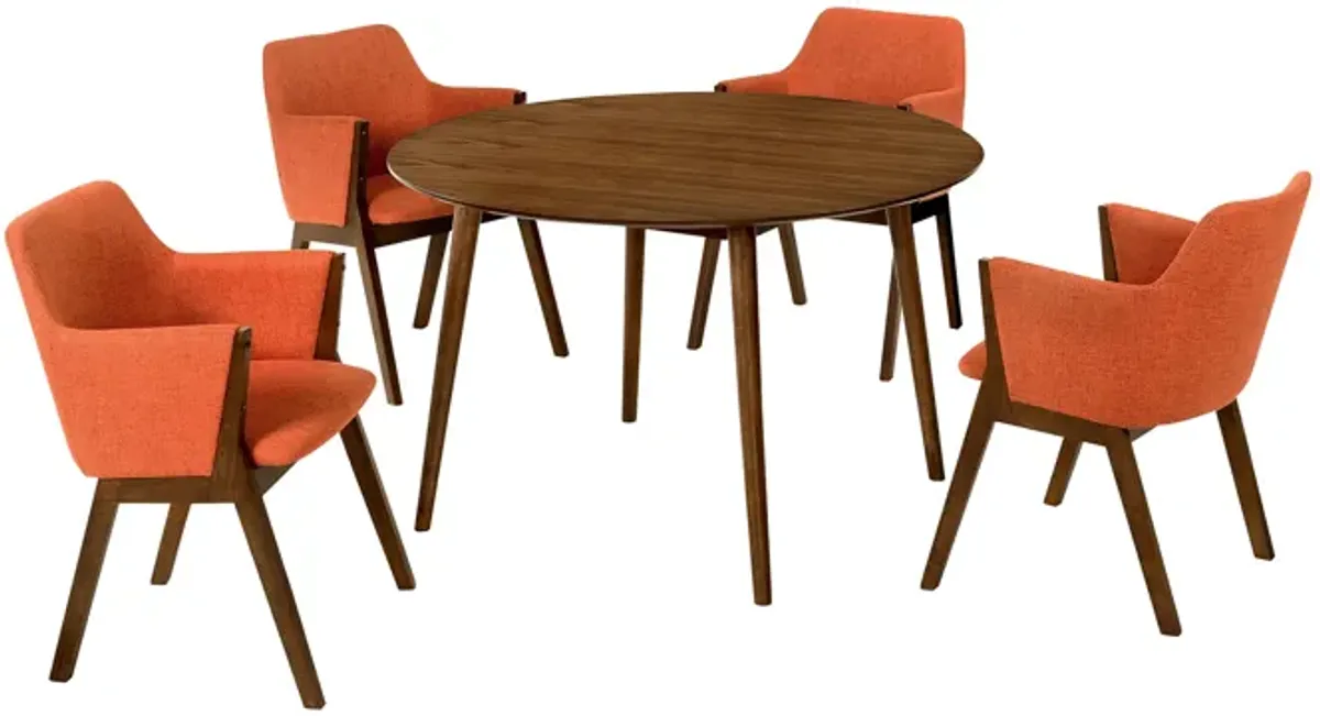 Arcadia and Renzo 48" Round Orange and Walnut Wood 5 Piece Dining Set