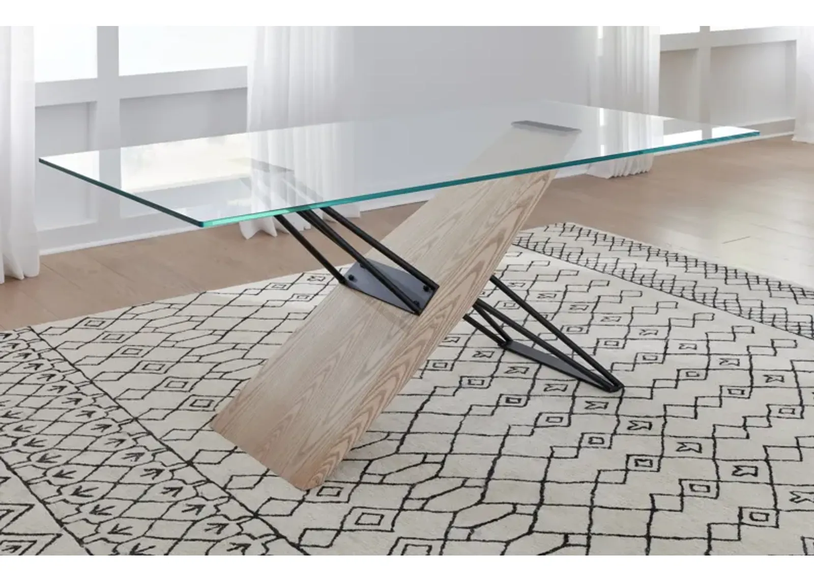 Aere Glass, Wood and Metal Rectangular Dining Table in Natural Ash and Black