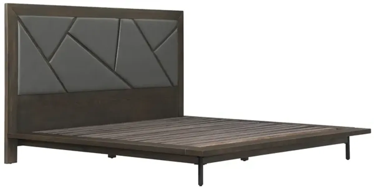 Marquis Queen Size Platform Bed Frame in Oak Wood with Faux Leather Headboard and Black Metal Legs