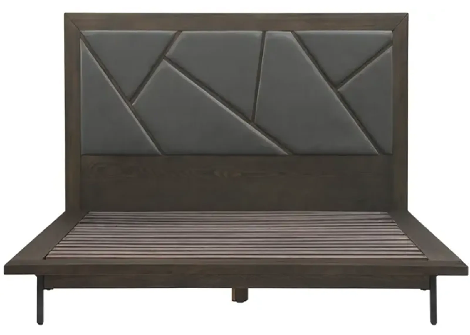 Marquis Queen Size Platform Bed Frame in Oak Wood with Faux Leather Headboard and Black Metal Legs