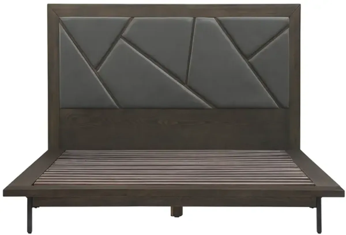 Marquis Queen Size Platform Bed Frame in Oak Wood with Faux Leather Headboard and Black Metal Legs