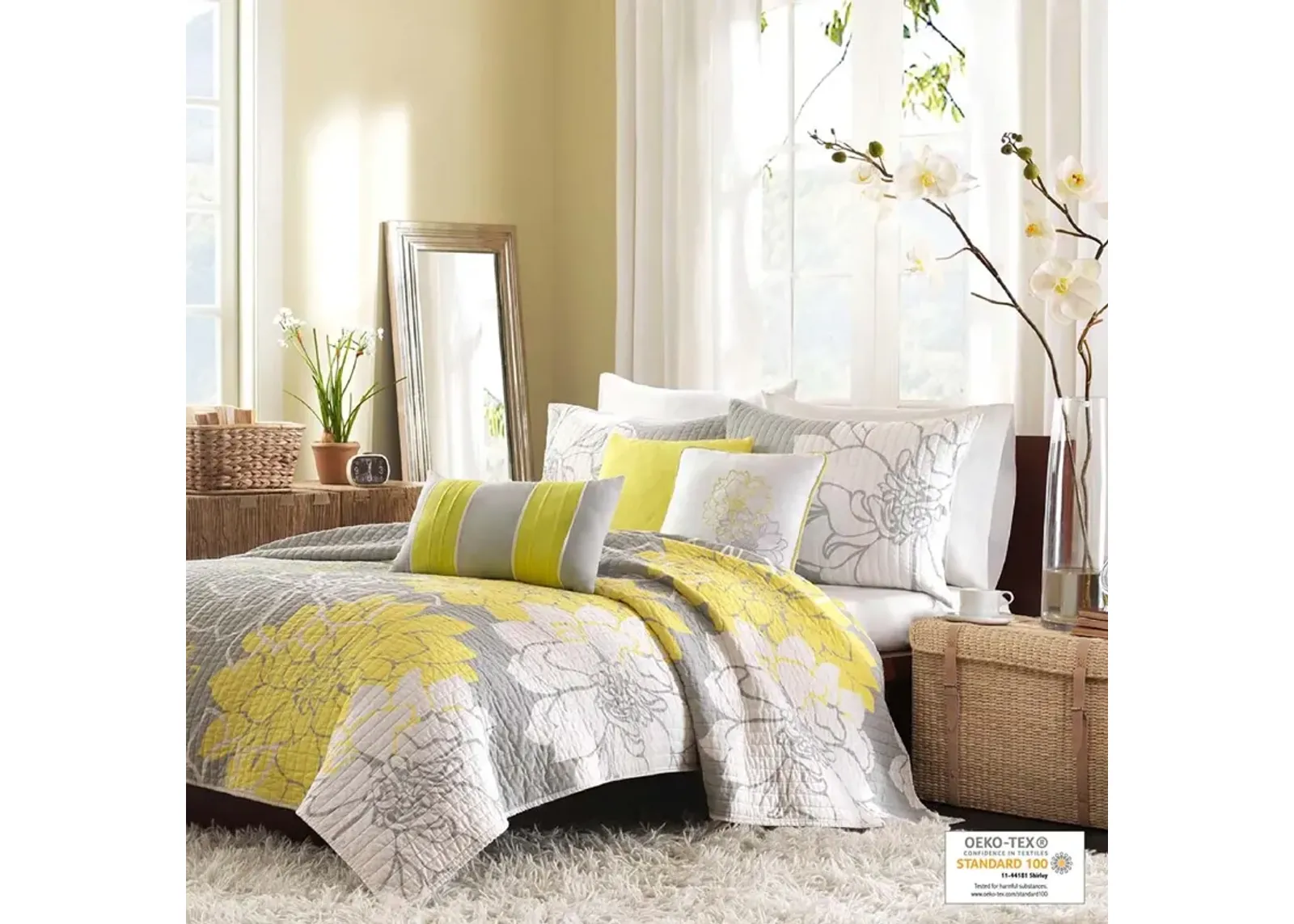 Madison Park Lola Yellow 6 Piece Printed Cotton Quilt Set with Throw Pillows