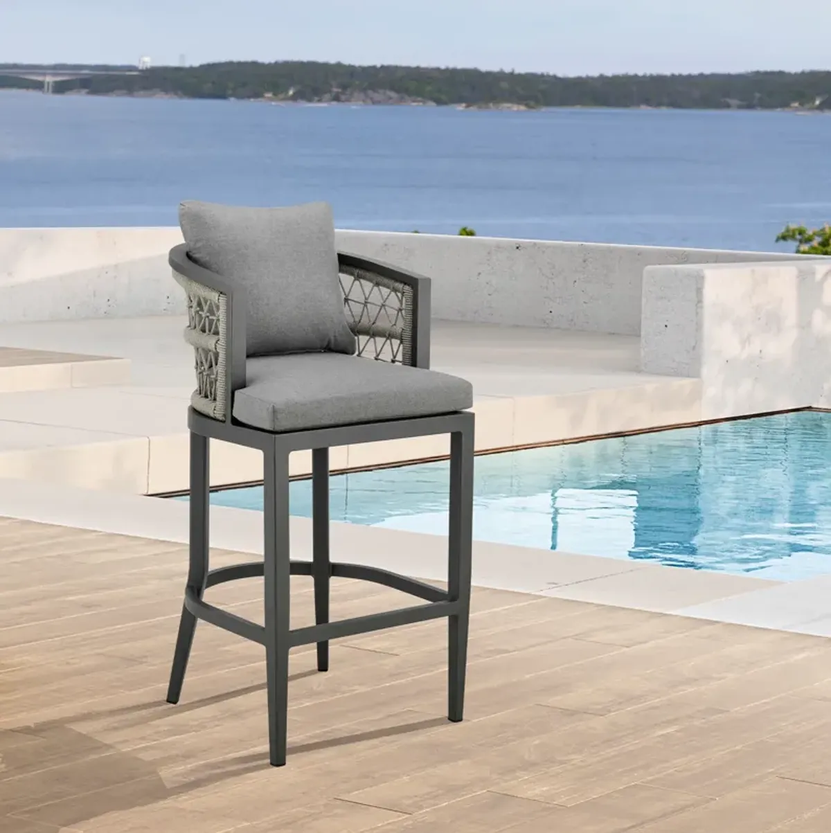 Zella Outdoor Patio Bar Stool in Aluminum with Light Gray Rope and Earl Gray Cushions