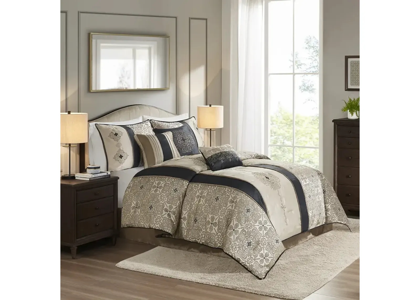 Donovan 7 Piece Jacquard Comforter Set with Throw Pillows