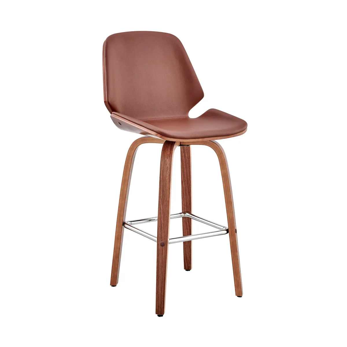 Arabela 26" Brown Faux Leather and Walnut Wood Swivel Bar Stool