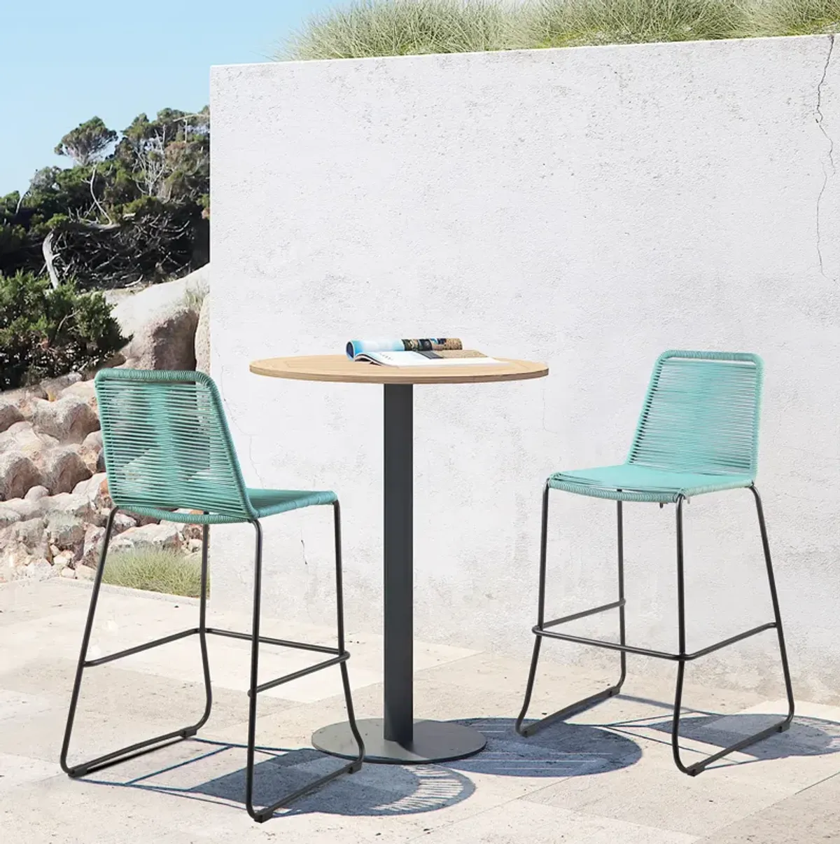 Shasta 26" Outdoor Metal and Wasabi Rope Stackable Counter Stool - Set of 2