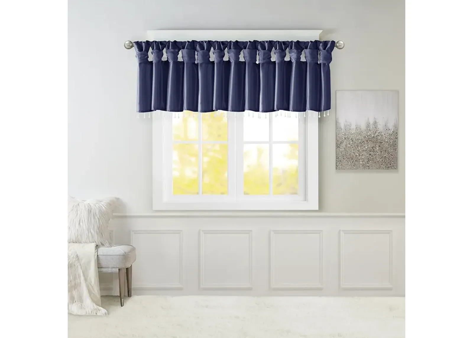 Madison Park Emilia Navy Lightweight Faux Silk Valance With Beads