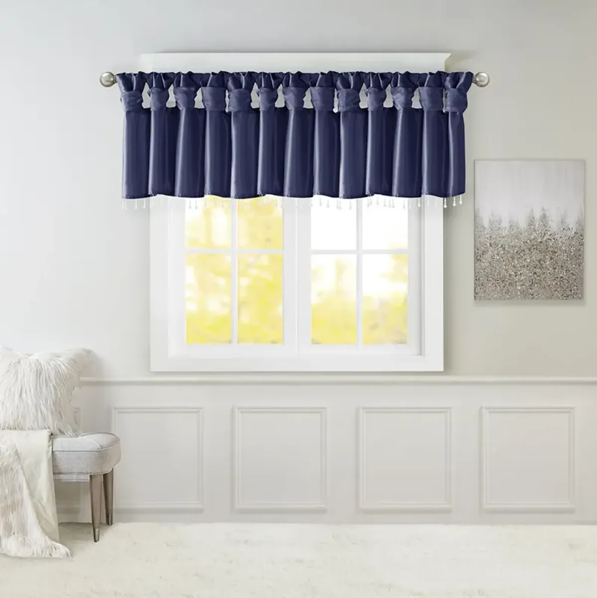 Madison Park Emilia Navy Lightweight Faux Silk Valance With Beads