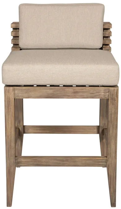 Vivid Outdoor Patio Bar Stool in Light Eucalyptus Wood with Taupe Olefin Cushions