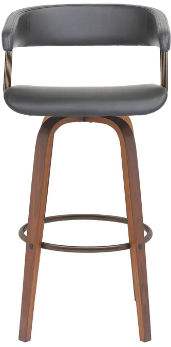 Topanga 26" Swivel Walnut Wood Counter Stool in Gray Faux Leather with Golden Bronze Metal