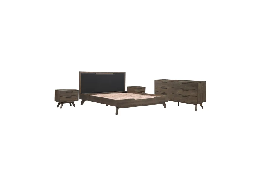 Astoria 4 Piece King Bedroom Set in Oak with Black Faux Leather 