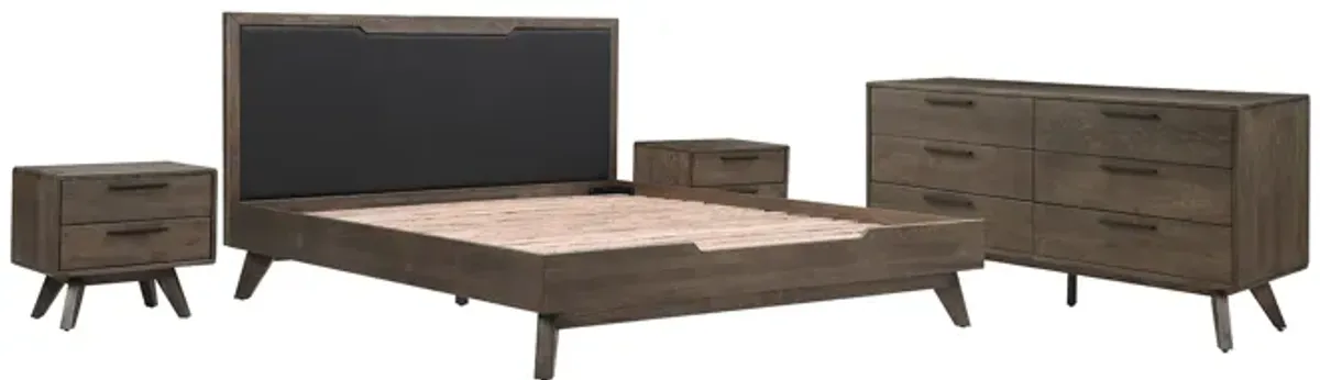 Astoria 4 Piece King Bedroom Set in Oak with Black Faux Leather 