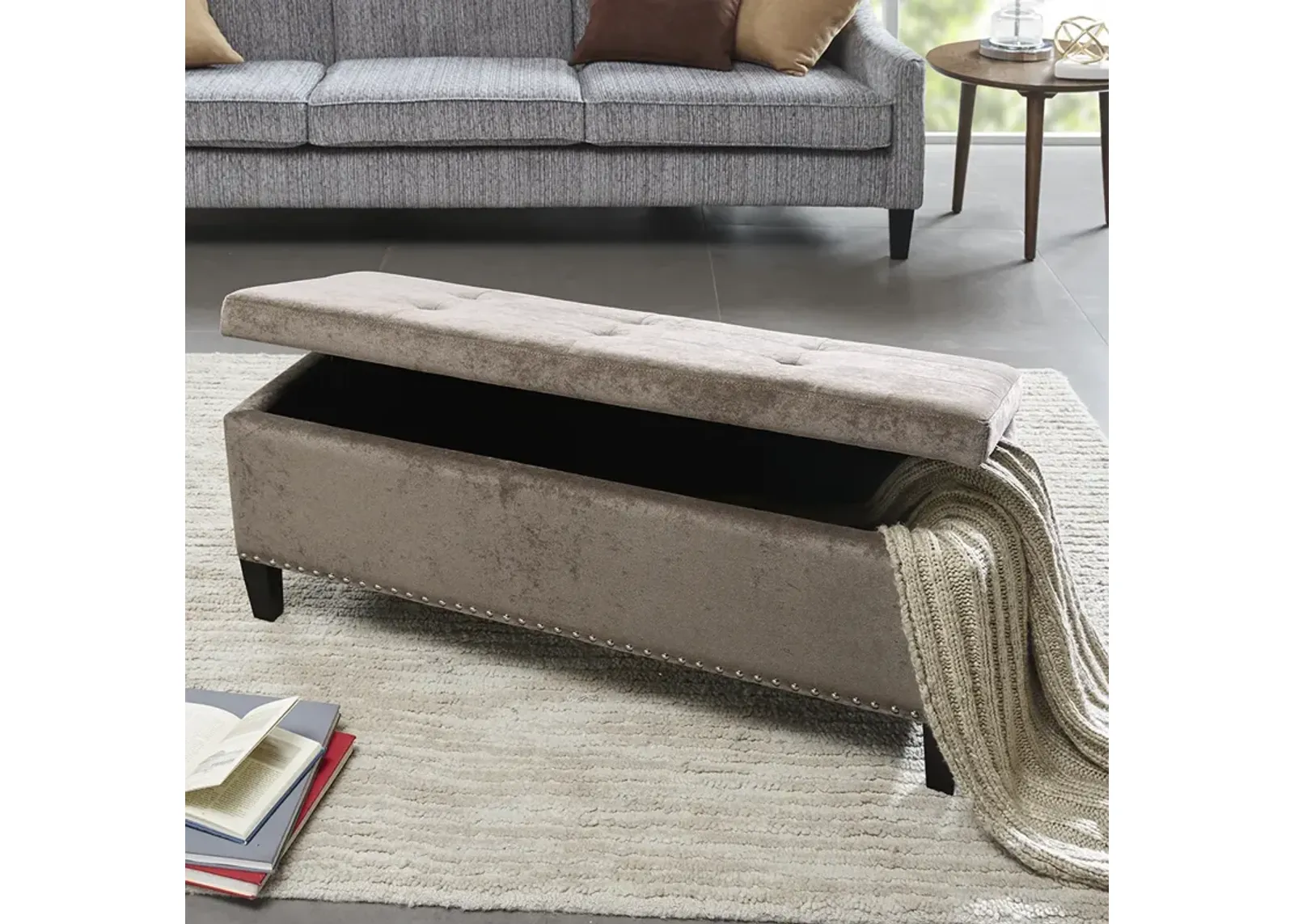 Madison Park Shandra II Taupe Tufted Top Soft Close Storage Bench