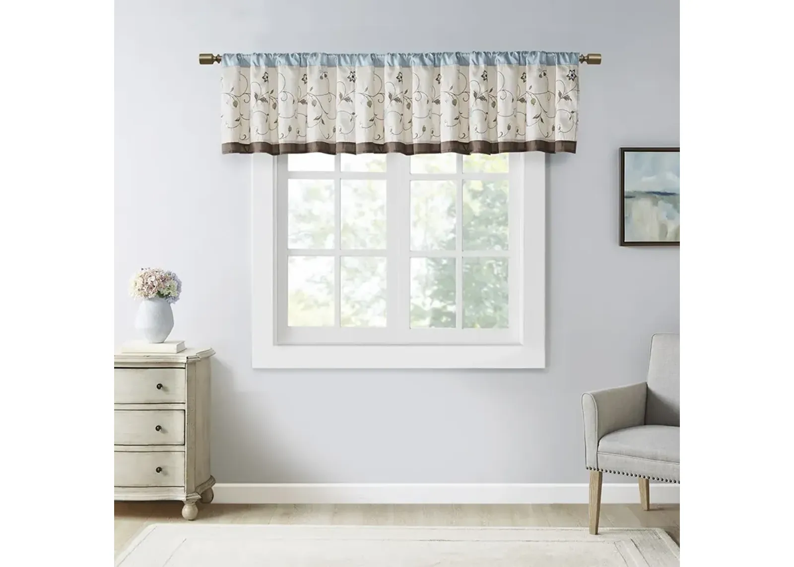 Madison Park Serene Blue Embroidered Window Valance