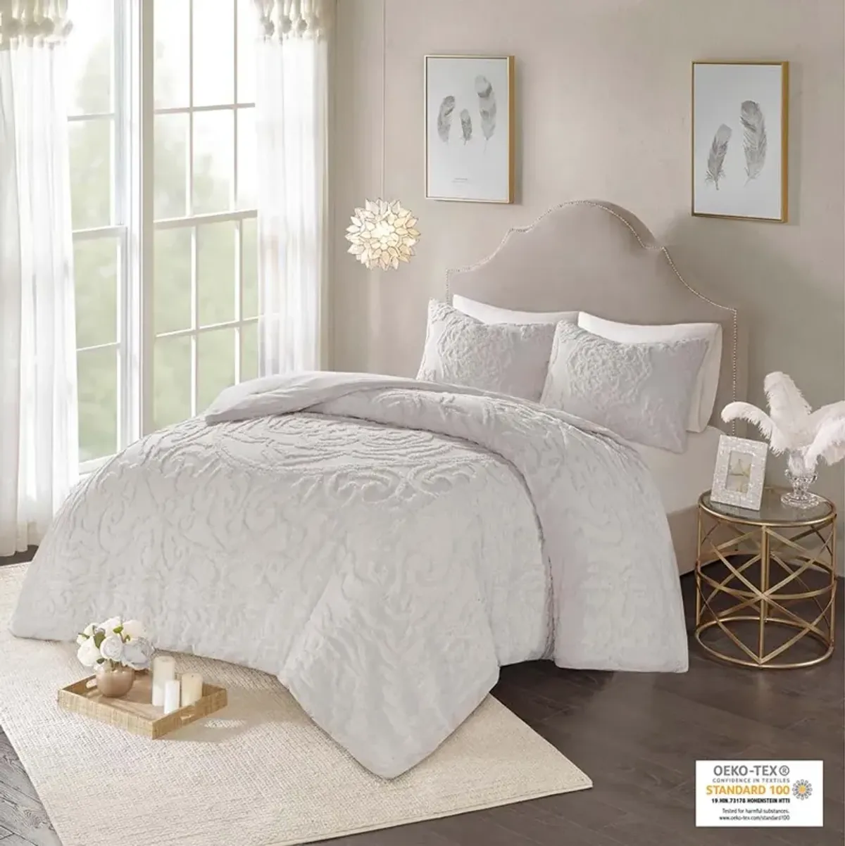 Madison Park Laetitia Grey 3-Piece Tufted Cotton Chenille Medallion Comforter Set