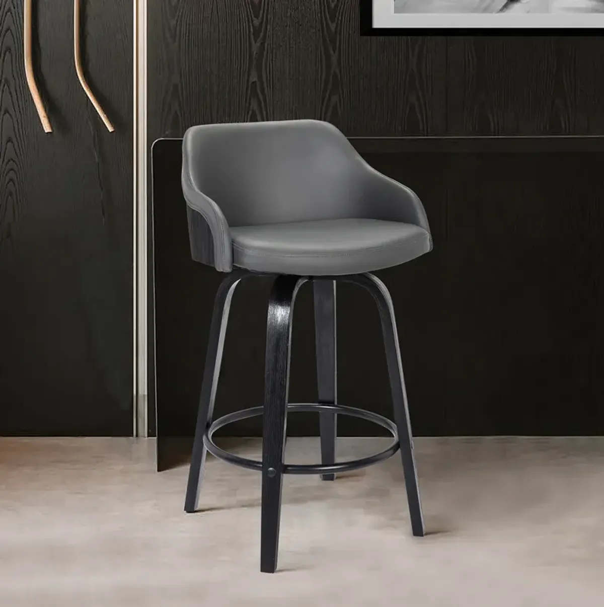 Alec 30" Bar Height Swivel Grey Faux Leather and Black Wood Bar Stool