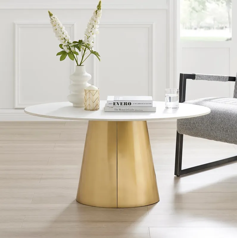 Vinessa Ceramic Top Oval Coffee Table w/ Brushed Stainless Steel Base, Marble White/ Gold (Top)