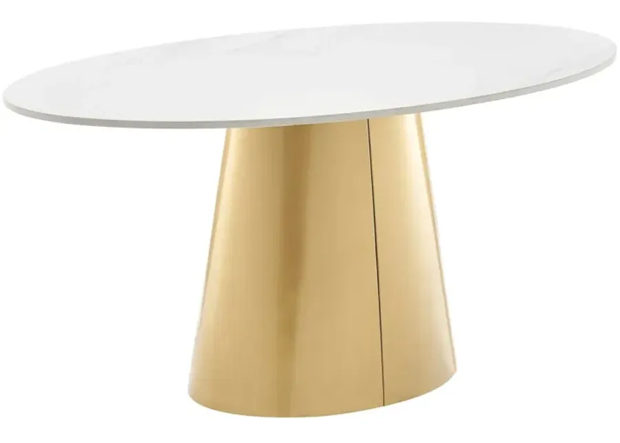 Vinessa Ceramic Top Oval Coffee Table w/ Brushed Stainless Steel Base, Marble White/ Gold (Top)